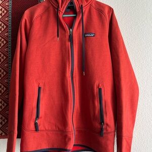 Patagonia Red Fleece Hoodie with Navy Trim